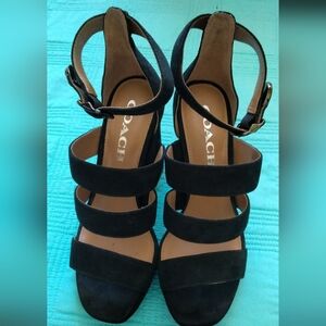 COACH BLACK MARINA Women's Black Suede Strappy Block Heel Sandals
